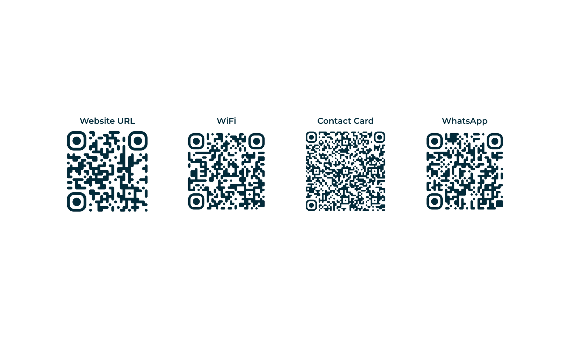 Real QR code examples for URL, WiFi, contact card, and WhatsApp